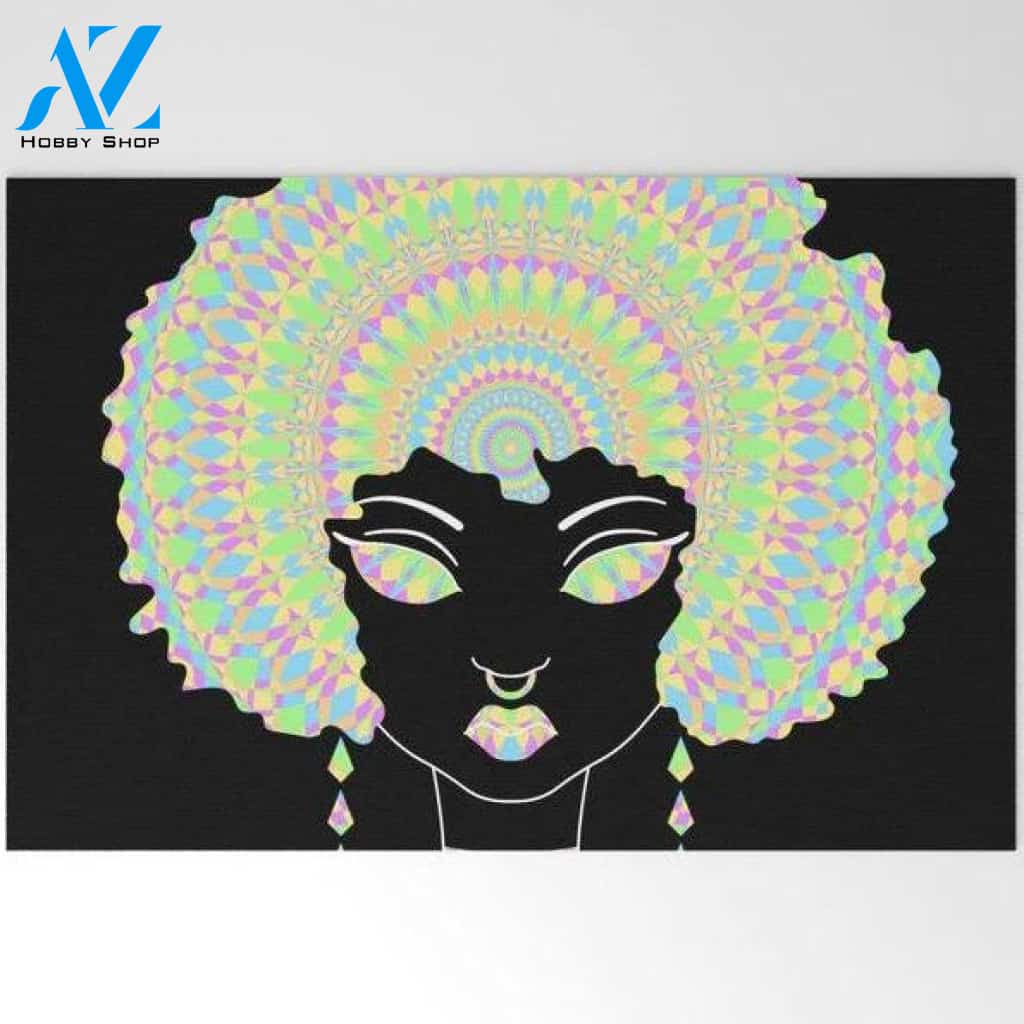 Welcome Mat | Cute Black Girl With Afro Mandala by Windydesert