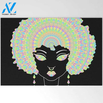 Welcome Mat | Cute Black Girl With Afro Mandala by Windydesert