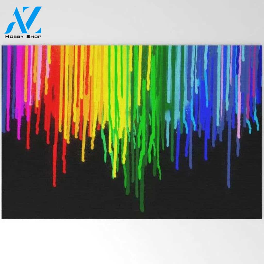 Welcome Mat | Rainbow Paint Drops On Black by Home Deco Rainbow