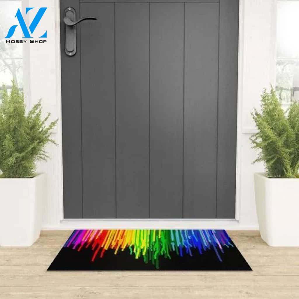 Welcome Mat | Rainbow Paint Drops On Black by Home Deco Rainbow