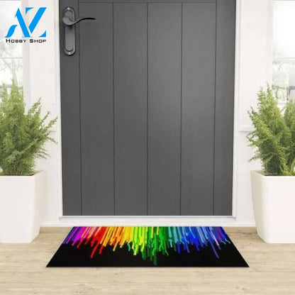Welcome Mat | Rainbow Paint Drops On Black by Home Deco Rainbow