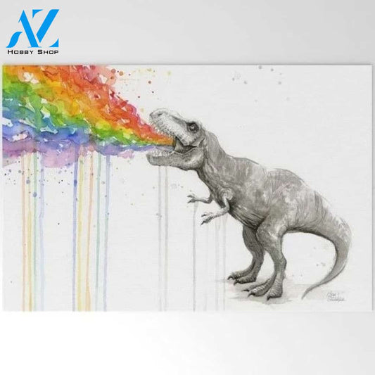 Welcome Mat | T-rex Dinosaur Rainbow Puke Taste The Rainbow Watercolor