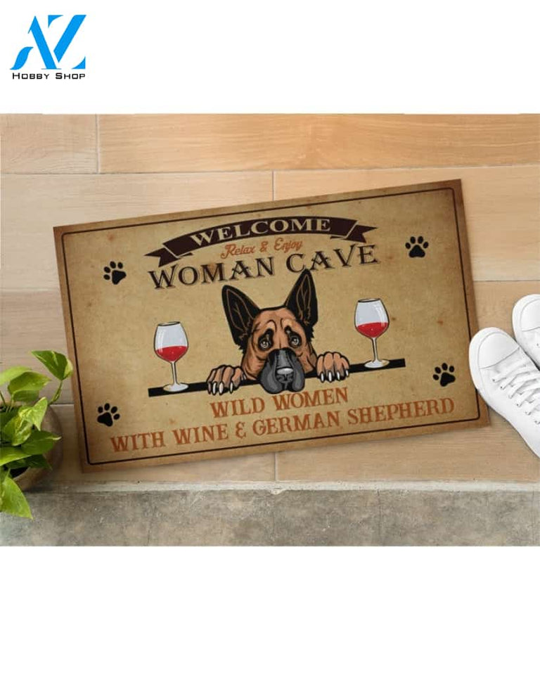 Welcome Relax And Enjoy Woman Cave Wine & German Shepherd Doormat Welcome Mat Housewarming Gift Home Decor Funny Doormat Gift For Dog Lovers Gift For Christmas