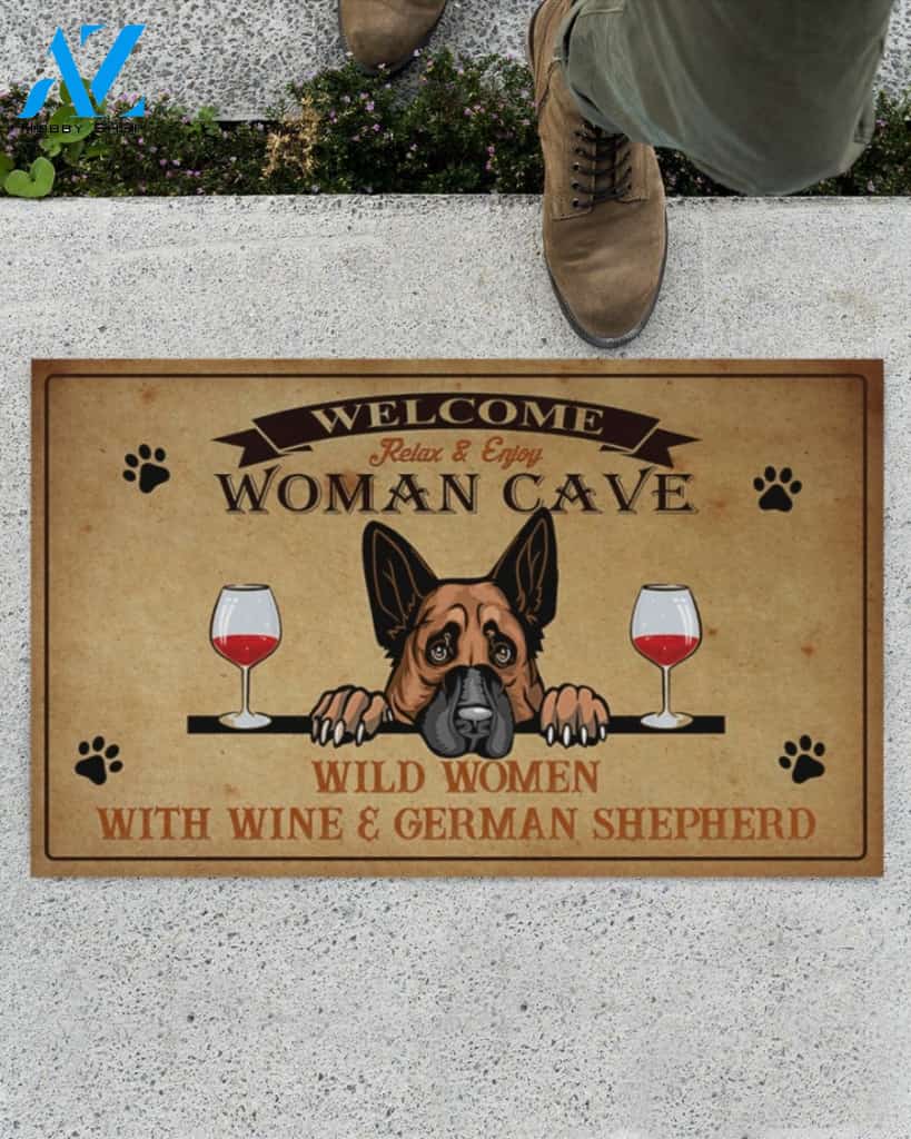 Welcome Relax And Enjoy Woman Cave Wine & German Shepherd Doormat Welcome Mat Housewarming Gift Home Decor Funny Doormat Gift For Dog Lovers Gift For Christmas