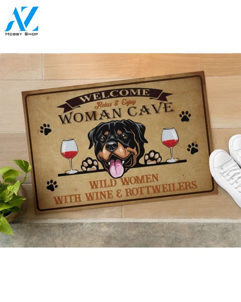 Welcome Relax And Enjoy Woman Cave Wine & Rottweilers Doormat Welcome Mat Housewarming Gift Home Decor Funny Doormat Gift For Dog Lovers Gift For Christmas