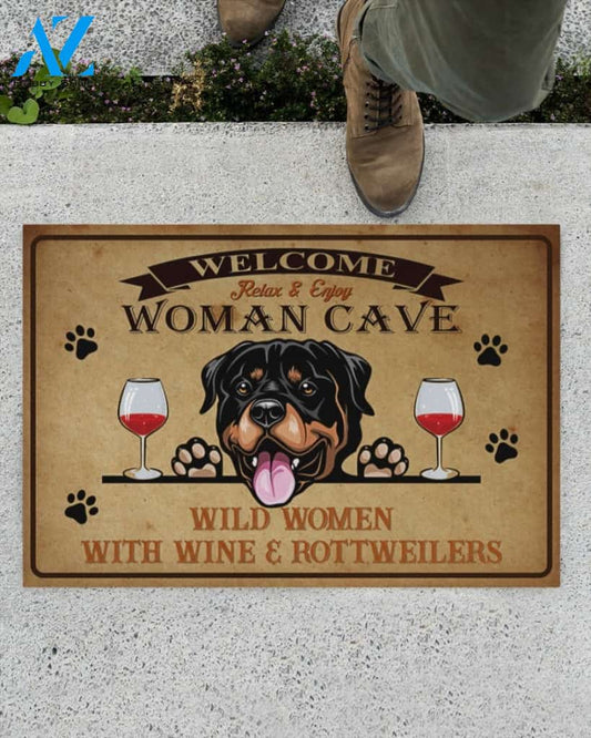 Welcome Relax And Enjoy Woman Cave Wine & Rottweilers Doormat Welcome Mat Housewarming Gift Home Decor Funny Doormat Gift For Dog Lovers Gift For Christmas