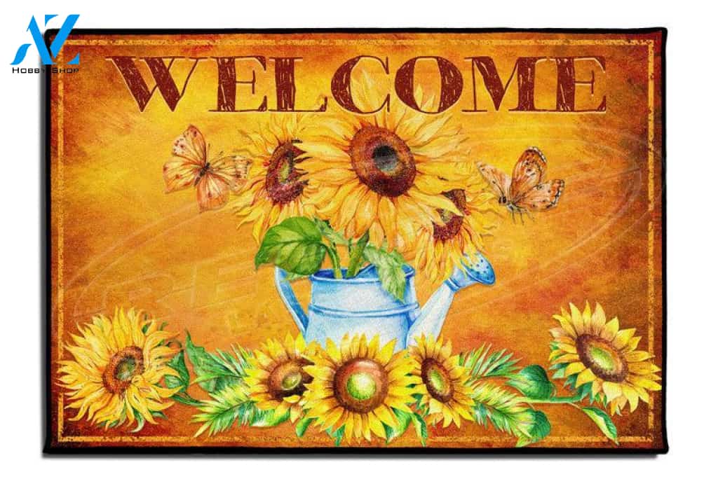 Personalized Name Family House Welcome Sunflower And Butterfly Flower Doormat Indoor And Outdoor Mat Entrance Rug Sweet Home Decor Closing Gift Gift For Friend Family Floral Lovers Gift Idea