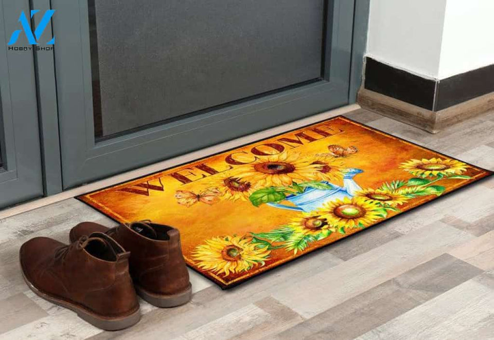 Personalized Name Family House Welcome Sunflower And Butterfly Flower Doormat Indoor And Outdoor Mat Entrance Rug Sweet Home Decor Closing Gift Gift For Friend Family Floral Lovers Gift Idea