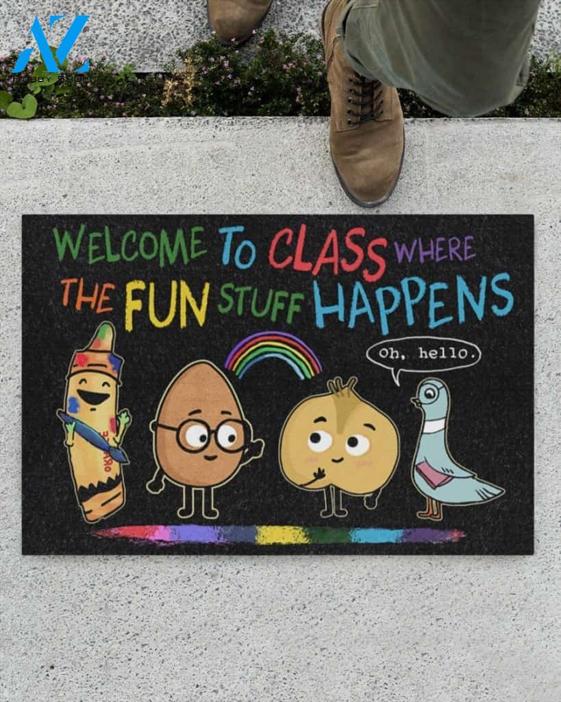 Welcome The Fun Stuff Happens Doormat Classroom Indoor And Outdoor Doormat Warm House Gift Welcome Mat Gift For Friend Family Gift For Teacher