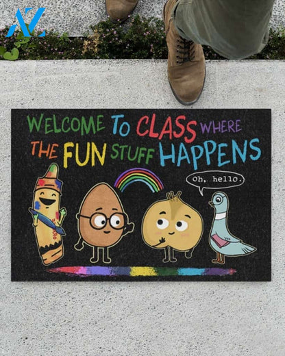 Welcome The Fun Stuff Happens Doormat Classroom Indoor And Outdoor Doormat Warm House Gift Welcome Mat Gift For Friend Family Gift For Teacher