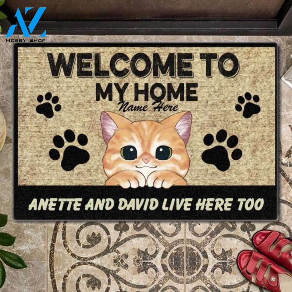 Welcome To Cat's House Cute Peeking Cats Personalized Doormat | Welcome Mat | House Warming Gift