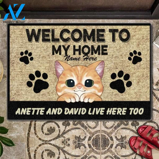 Welcome To Cat's House Cute Peeking Cats Personalized Doormat | Welcome Mat | House Warming Gift