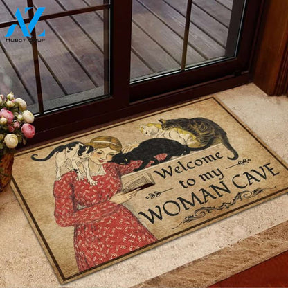 Welcome To My Woman Cave Reading With Cats Doormat Welcome Mat Housewarming Gift Home Decor Funny Doormat Gift For Friend