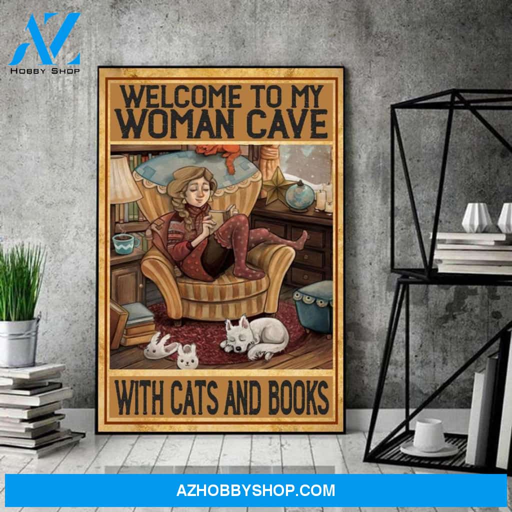 Welcome To My Woman Cave With Cats And Books Canvas And Poster, Wall Decor Visual Art