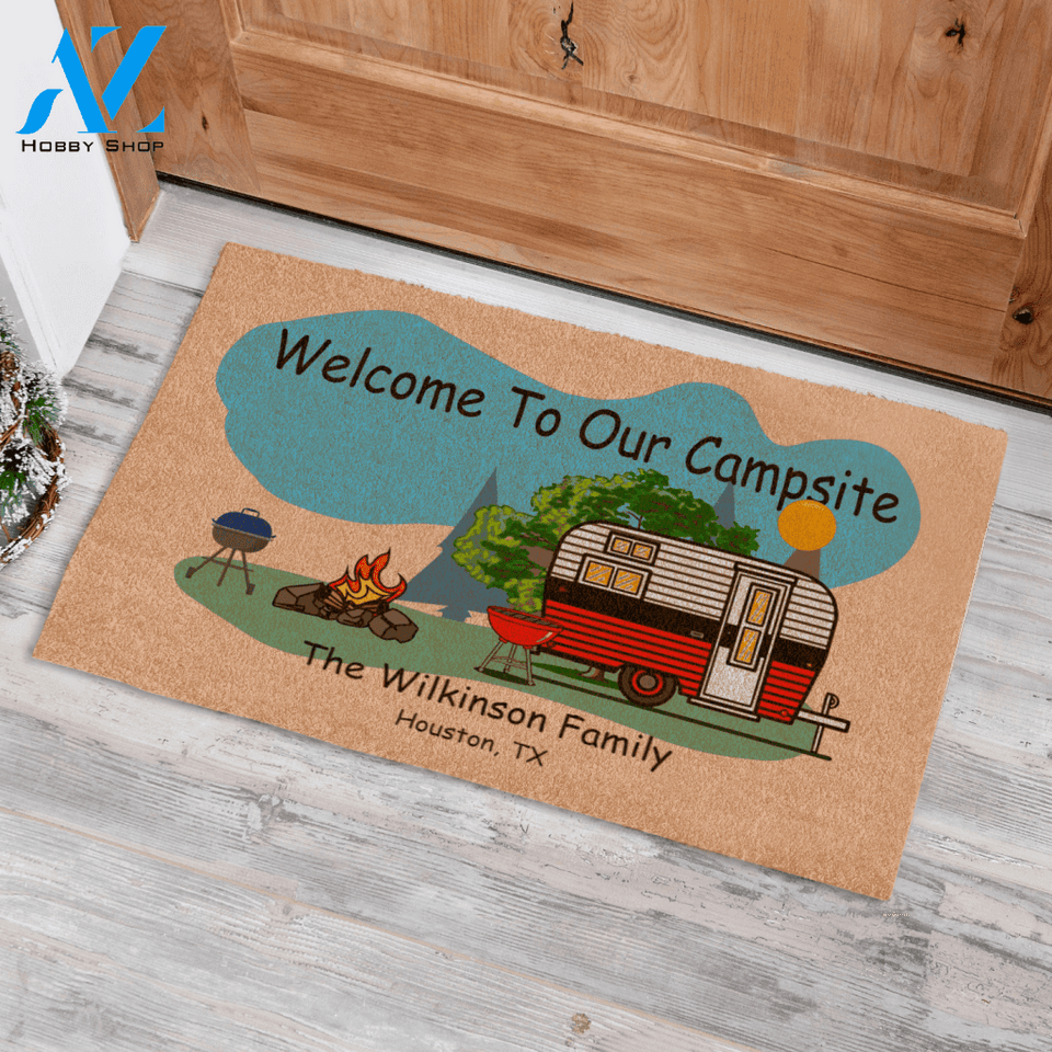 Welcome To Our Campsite | Life Is Better By The Campfire | Home Is Where We Park It, Personalized Camping Doormat for Camper, Camp AP10