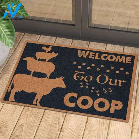 Welcome To Our Coop Black Background Animal Doormat Welcome Mat Farm Rug Farmer House Decor Housewarming Gift Gift for Famer Friend for Farm Animal Lovers