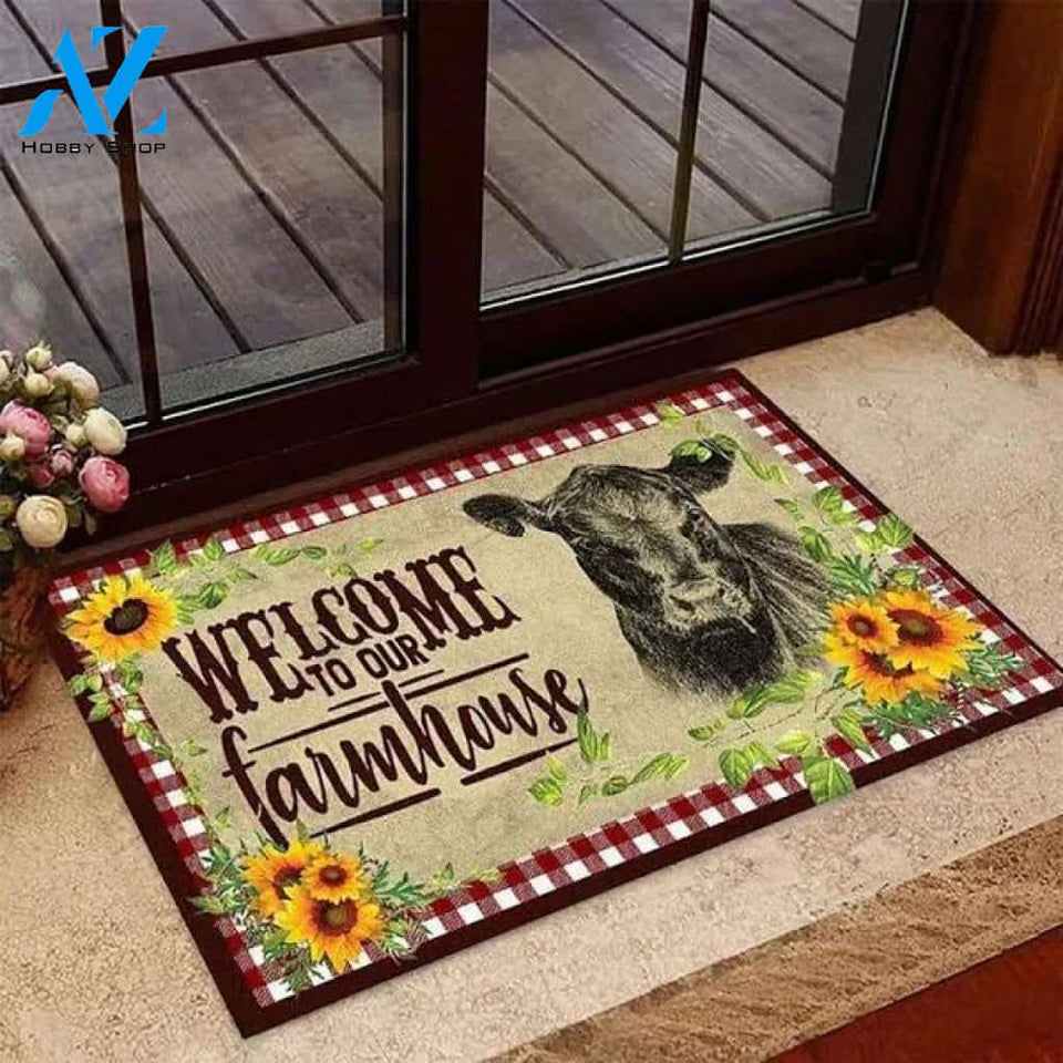 Welcome To Our Farmhouse Cow Doormat, Farm Life Lover Mat Gift, Cute Sunflower And Cow Doormat