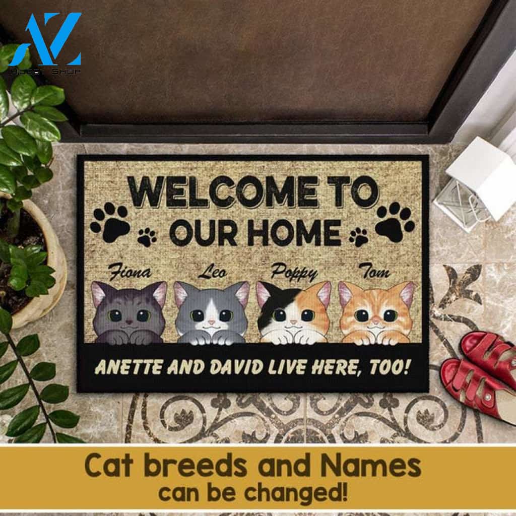 Welcome To Our Home Doormat, Personalized Cat Doormat, Cute Cat Doormat, Custom Cat Doormat, Cat Lovers Gift, Welcome Doormat, Funny Doormat
