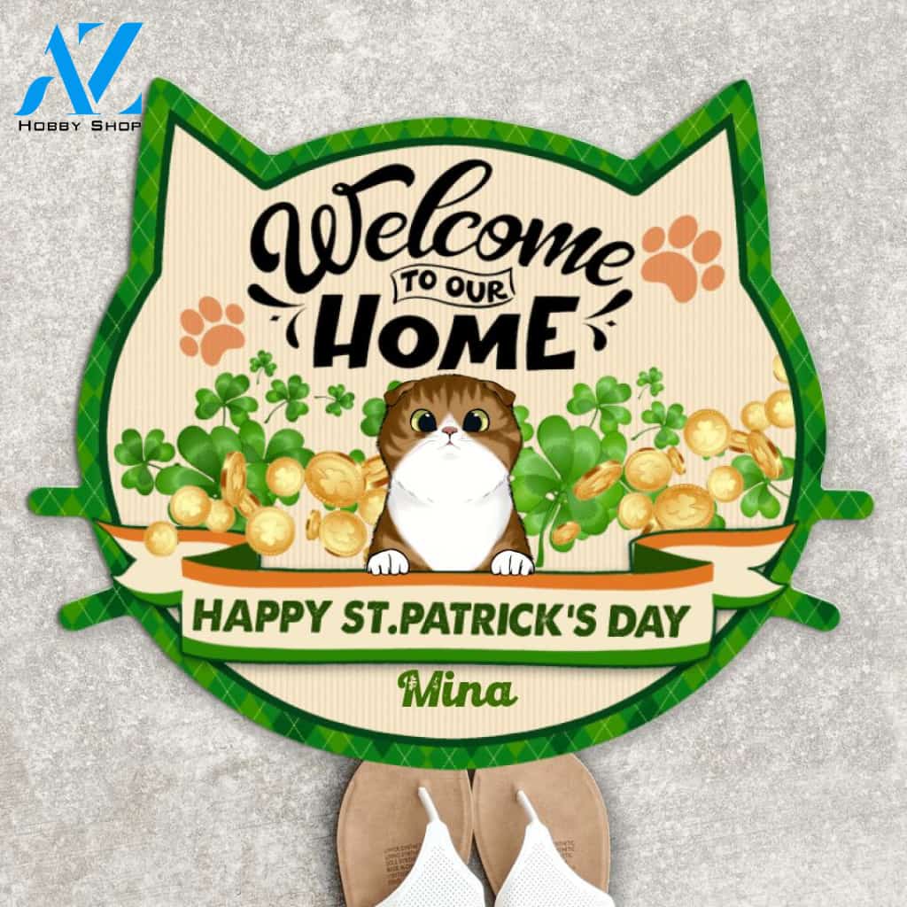 Welcome To Our Home, Happy ST. Patrick's Day, For Lovers Cat, Personalized Cat Face Shaped Doormat