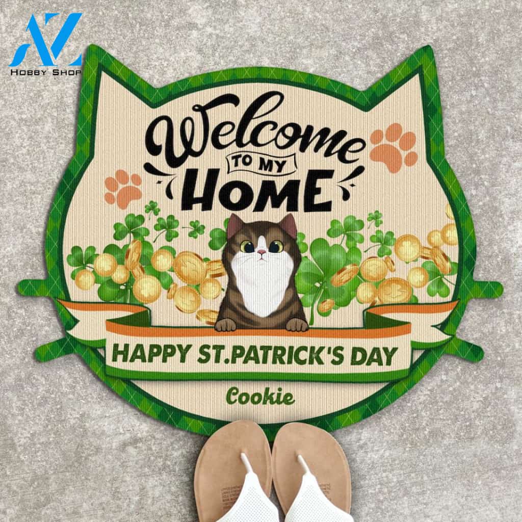 Welcome To Our Home, Happy ST. Patrick's Day, For Lovers Cat, Personalized Cat Face Shaped Doormat