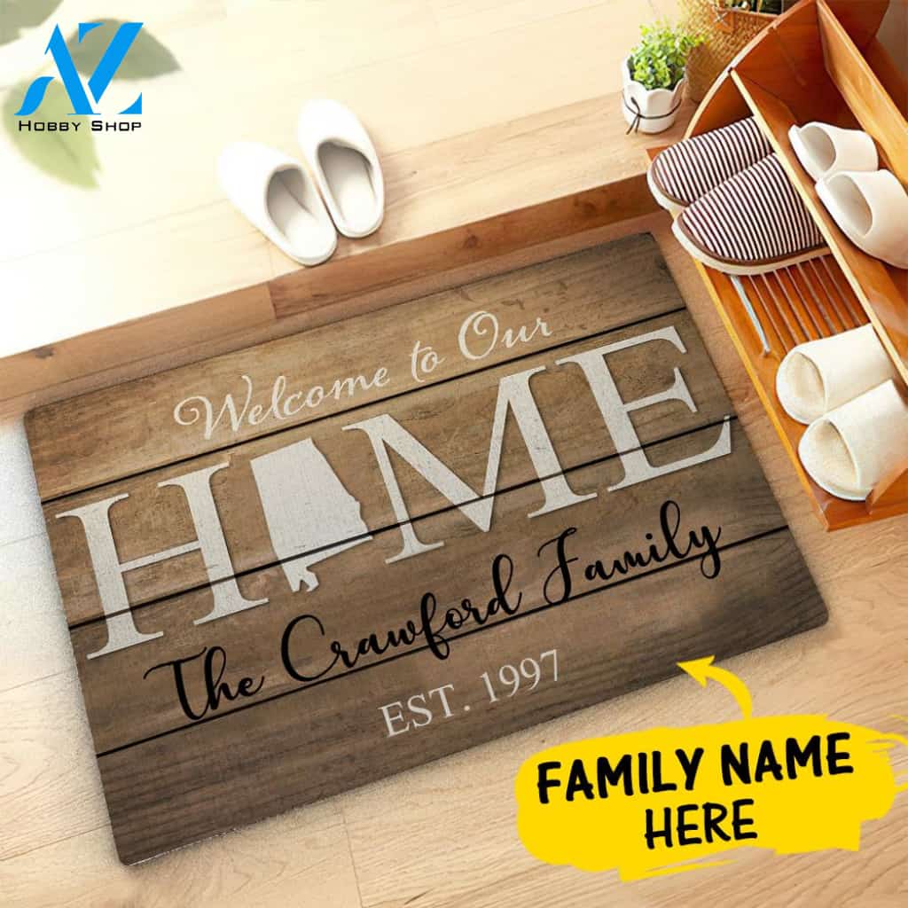 Welcome to Our Home State Map Family Name Custom Doormat Personalized Doormat Housewarming Gift Custom Welcome Mat