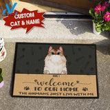 WELCOME TO OUR HOME THE HUMANS JUST LIVE WITH US CAT Doormat Full Printing HP-DHL019 | Welcome Mat | House Warming Gift