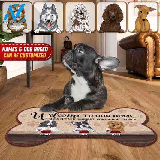 Welcome To Our Home, We Hope You Brought Wine And Dog Treats, For Dog Lovers, Personalized Bone Shaped Doormat