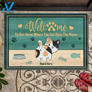 Welcome To Our Home Where The Cat Runs The House Cute Cats Personalized Doormat | Welcome Mat | House Warming Gift