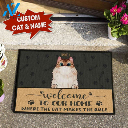 WELCOME TO OUR HOME WHERE THE CATS MAKE RULE Doormat Full Printing HP-DHL018 | Welcome Mat | House Warming Gift