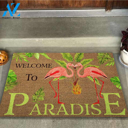 Welcome To Paradise - Flamingo Coir Pattern Print Doormat