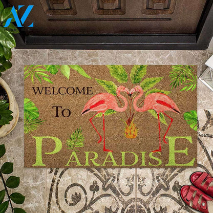 Welcome To Paradise - Flamingo Coir Pattern Print Doormat