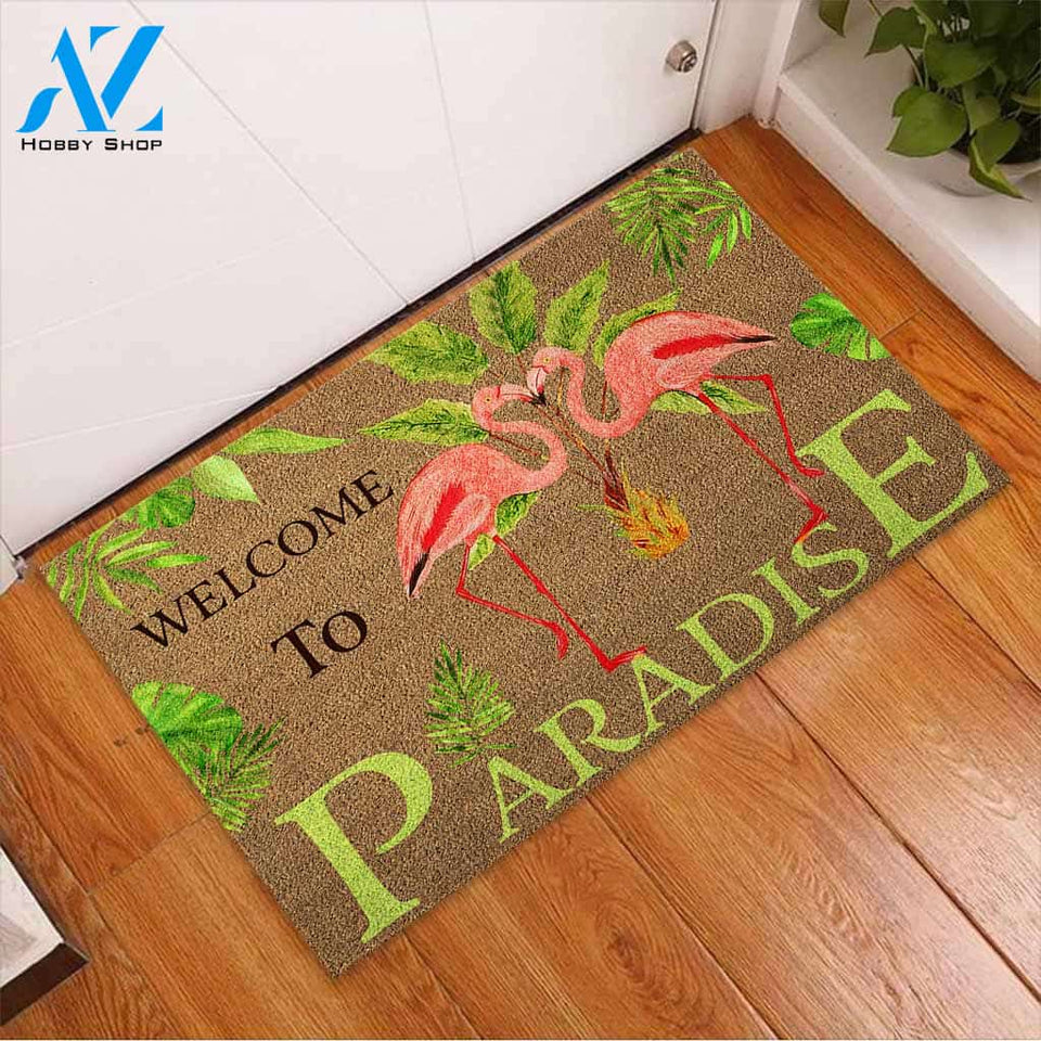 Welcome To Paradise - Flamingo Coir Pattern Print Doormat