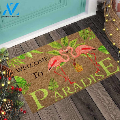 Welcome To Paradise - Flamingo Coir Pattern Print Doormat