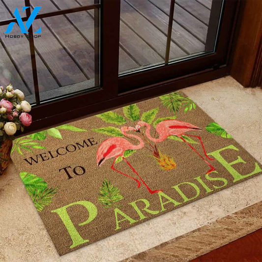 Welcome To Paradise Flamingo Coir Pattern Print Doormat | Welcome Mat | House Warming Gift