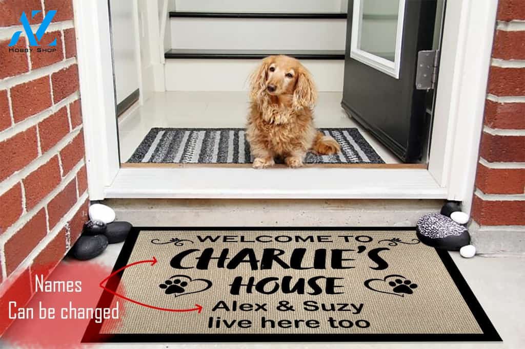 Welcome To The Dog’s House Names Live Here Too Personalized Rubber Base Doormat