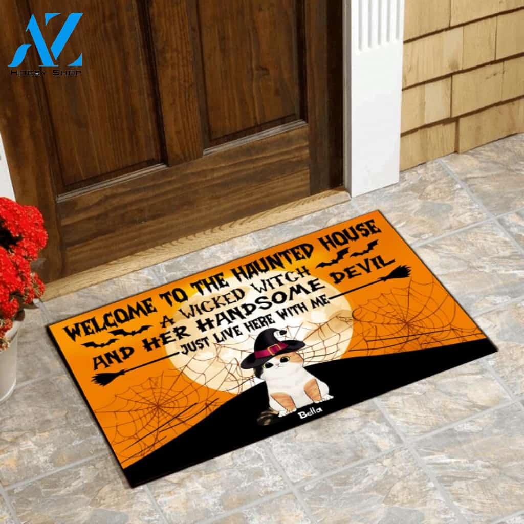 Welcome To The Haunted House Cat Halloween - Personalized Doormat