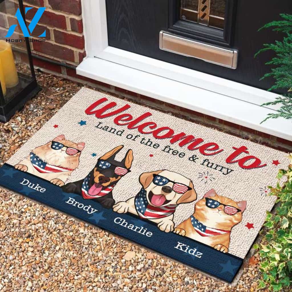 Welcome To The Land Of The Free & Furry - 4th Of July Funny Personalized Pet Doormat (Cat & Dog) 