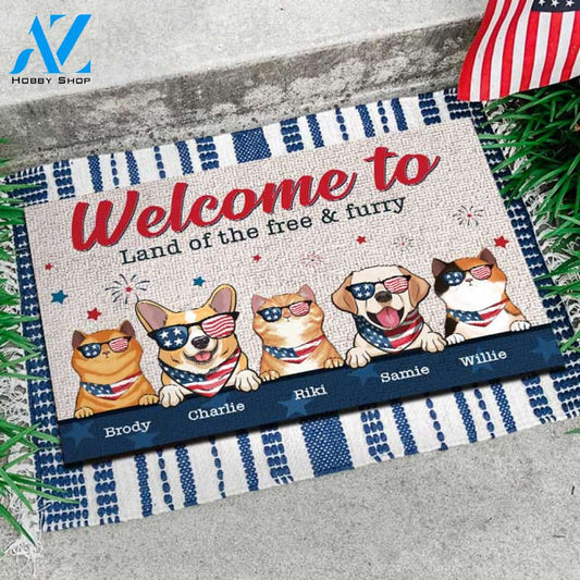 Welcome To The Land Of The Free & Furry - 4th Of July Funny Personalized Pet Doormat (Cat & Dog) 