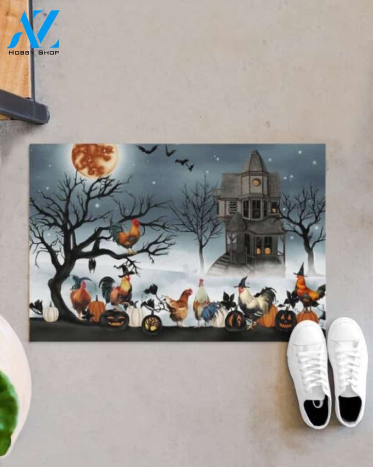Welcome To The Little Jungle Of Chickens Halloween Doormat