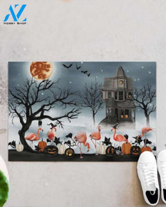 Welcome To The Little Jungle Of Flamingos Halloween Doormat