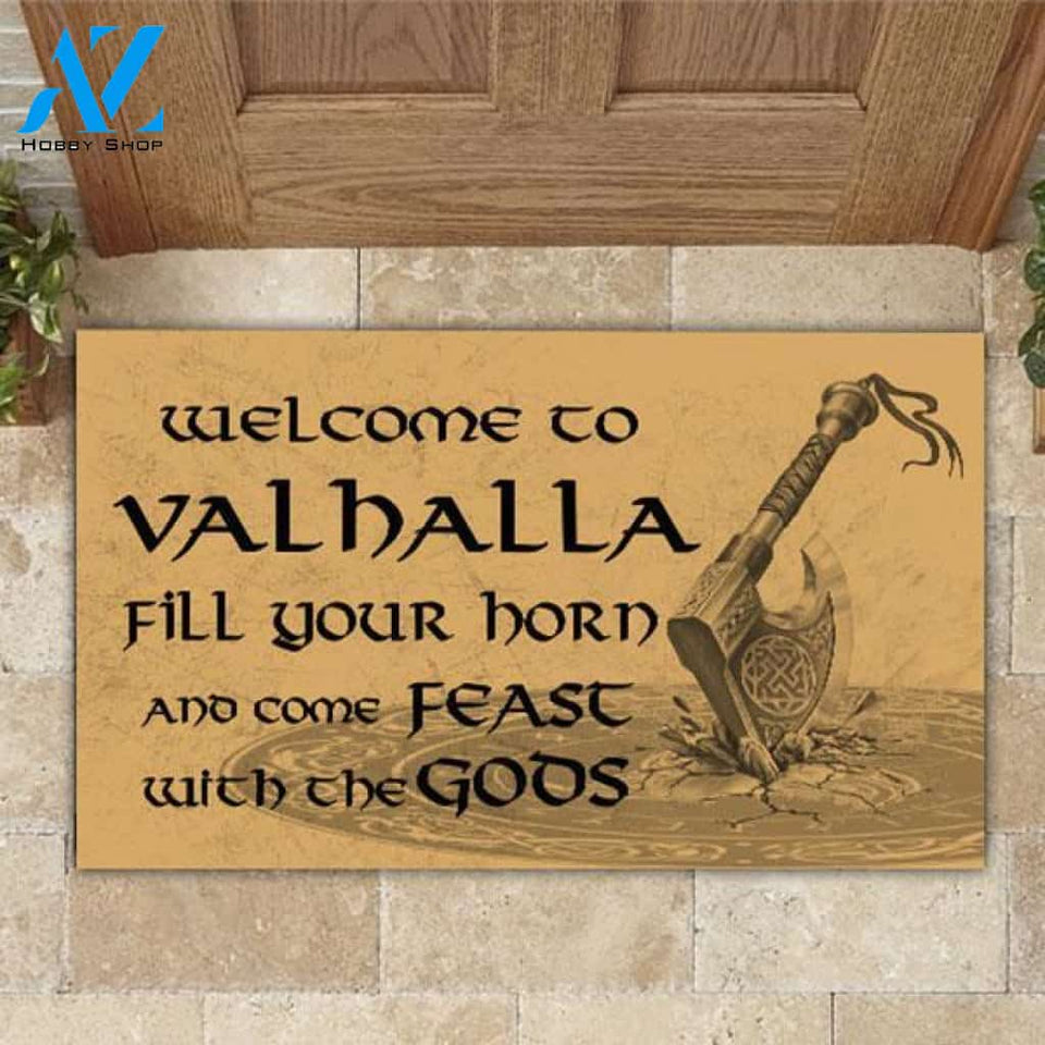 Welcome to Valhalla And Come Feast With The Gods Vikings Rubber Base Doormat | Welcome Mat | House Warming Gift