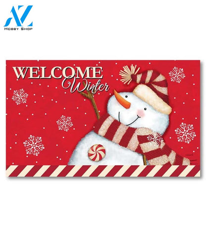 Welcome Winter Peppermint Snowman Doormat - 18" x 30"