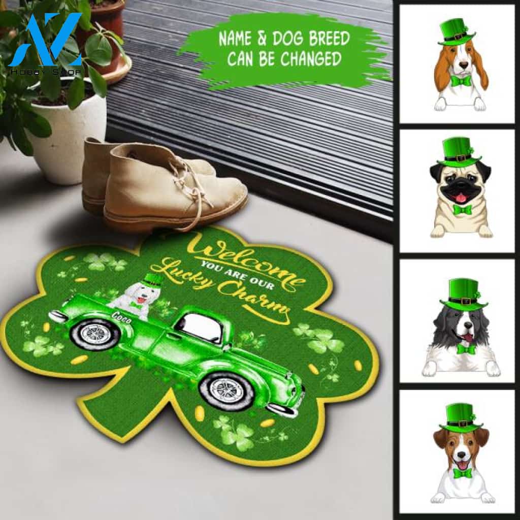 Welcome You Are Our Lucky Charm - Personalized Shamrock Shaped Doormat