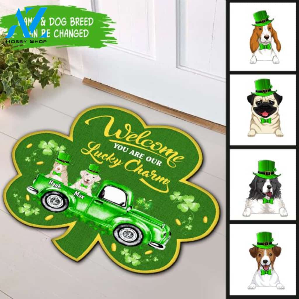 Welcome You Are Our Lucky Charm - Personalized Shamrock Shaped Doormat