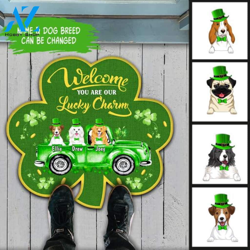 Welcome You Are Our Lucky Charm - Personalized Shamrock Shaped Doormat
