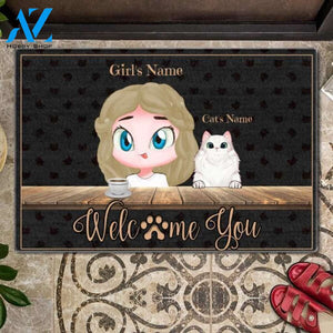 Welcome You Customize Girl And Cats Customized Doormat | Welcome Mat | House Warming Gift