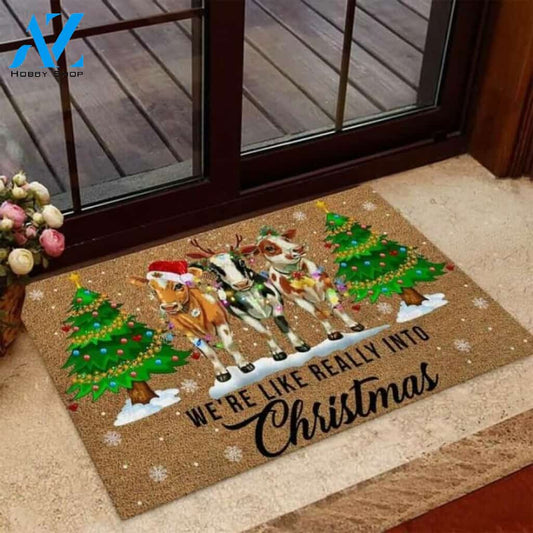 We're Like Really Into Christmas Cow Coir Pattern Print Doormat | Welcome Mat | House Warming Gift