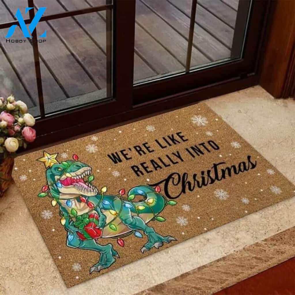 We're Like Really Into Christmas Dinosaur Coir Pattern Print Doormat | Welcome Mat | House Warming Gift