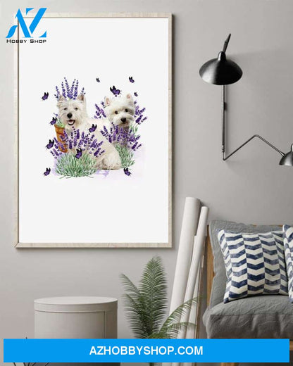 Westie with lavender flower poster