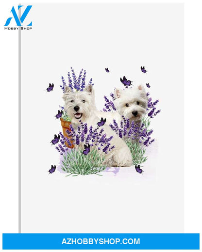 Westie with lavender flower poster